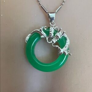 Green Jade Dragon Pendant 0.1 inch and  18 inch sterling silver Necklace